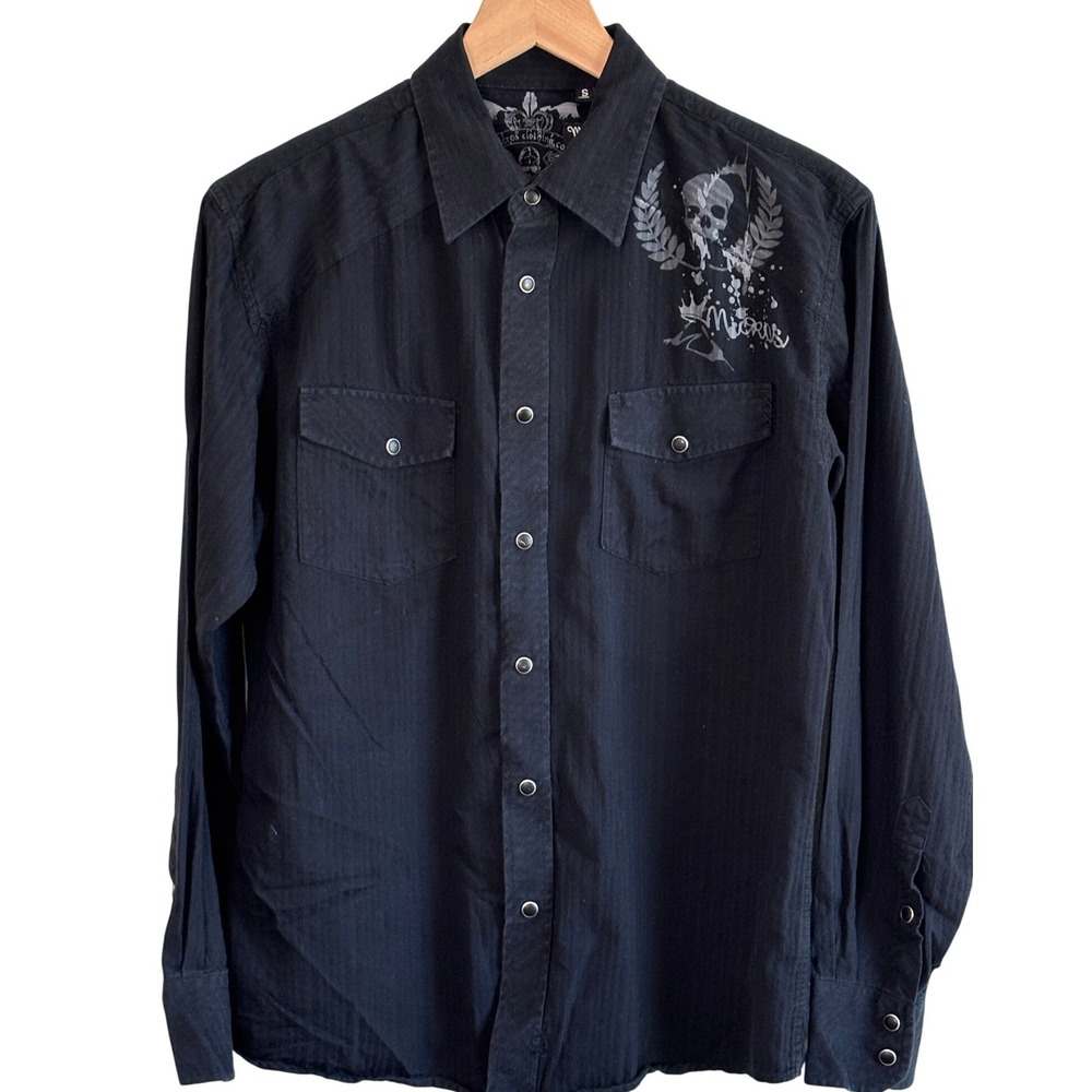 Micros‎ Y2K Black Pearl Snap Western Skull Shirt Mens Small Cowboy Emo Skull